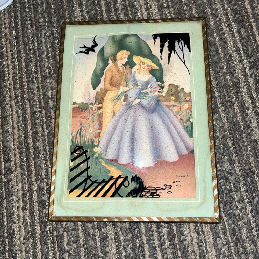 Vintage Romantic Couple Painting with Blue and Brown